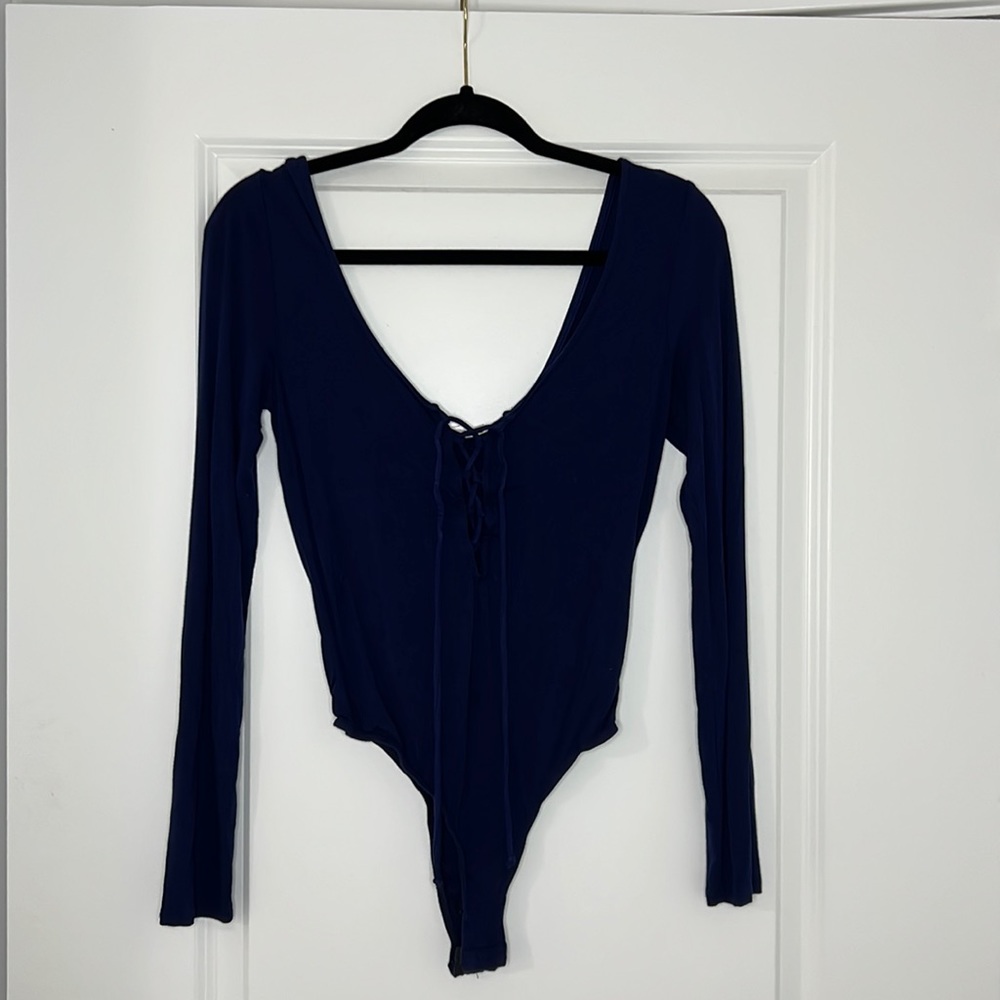 Navy blue lace-up thong bodysuit